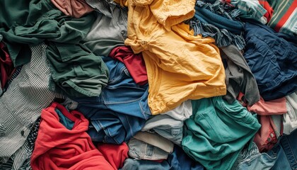 A pile of assorted clothing items neatly folded and ready for recycling or donation, promoting sustainability and charitable giving, capturing the essence of responsible consumer behavior.