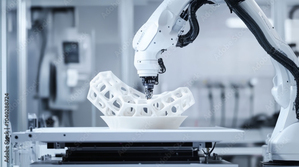 Poster a robotic arm performing high-precision 3d printing in a futuristic fabrication lab, clean and advan