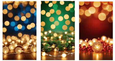  Decorative vertical set of blur backgrounds in contrasting Christmas tones.Used for digital backgrounds, cards and social media stories..AI generated.Copy space