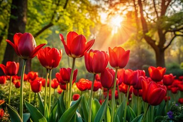 Obraz premium Stunning Silhouette of Red Tulips in Spring Park Garden Natural Background