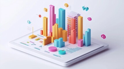 Economic growth analytics with 3D graphs, financial charts, and interactive business metrics