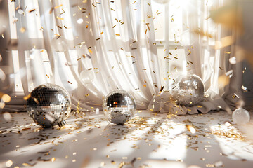 Shimmering gold and silver ornaments on a festive backdrop ,Luxurious backdrop curtain with balloons, arrangements 