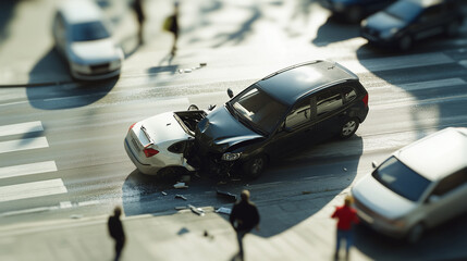 Fototapeta premium A moment of a traffic accident captured by a roadside surveillance camera, showcasing vehicles colliding at the intersection with pedestrians in the background, highlighting the impact 