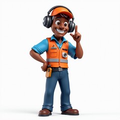 3D character of a young male worker wearing headphones, an orange vest, and pointing upwards with a smile. Ideal for construction, customer service, or technical assistance themes.
