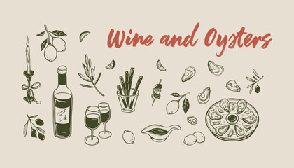 Wine and oysters minimalist handwriting horizontal rectangle background. Seafood fish restaurant and bar menu. Hand drawn engraving vector illustration. Charcoal scribble. La Dolce Vita concept