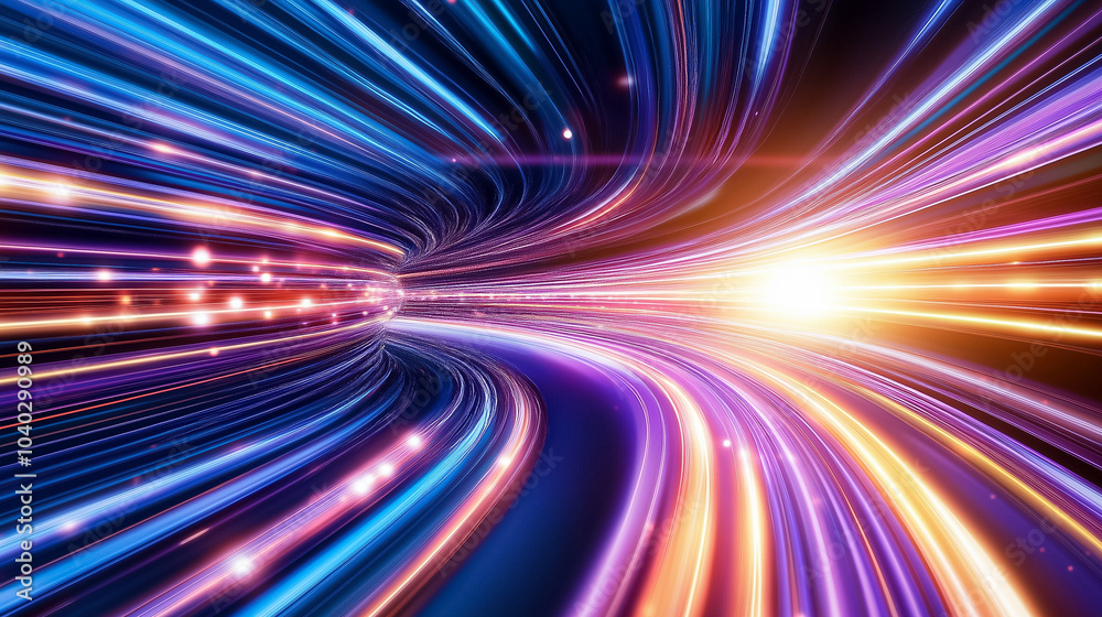 Poster bright light trails weave through a digital space, symbolizing fast and efficient data transfer in m