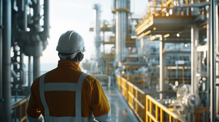A worker in an oil and gas facility, wearing safety gear like a hard hat and a high visibility safety coverall with reflective stripes