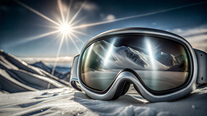 Ski goggles reflecting snowy mountains under bright sunlight