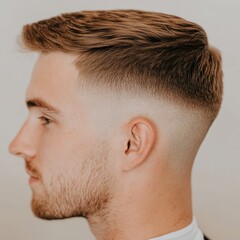 Obraz premium A profile view of a man showcasing a stylish haircut with a fade.