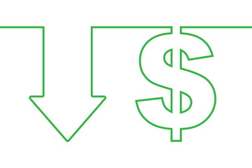 Decreasing concept. A downward line drawn arrow alongside a dollar symbol set against a clean white backdrop. For decreasing dollar concepts.