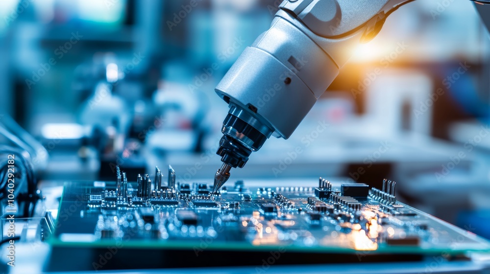 Poster a robotic arm performing intricate soldering on electronic circuit boards in a clean, high-tech elec