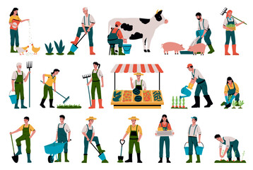 Agriculture worker. Farm animal. Garden harvest. Farmers care of livestock. Milking cow. Feeding pigs. Gardening tools. Man planting seedlings. Woman digging soil. Vector farming set