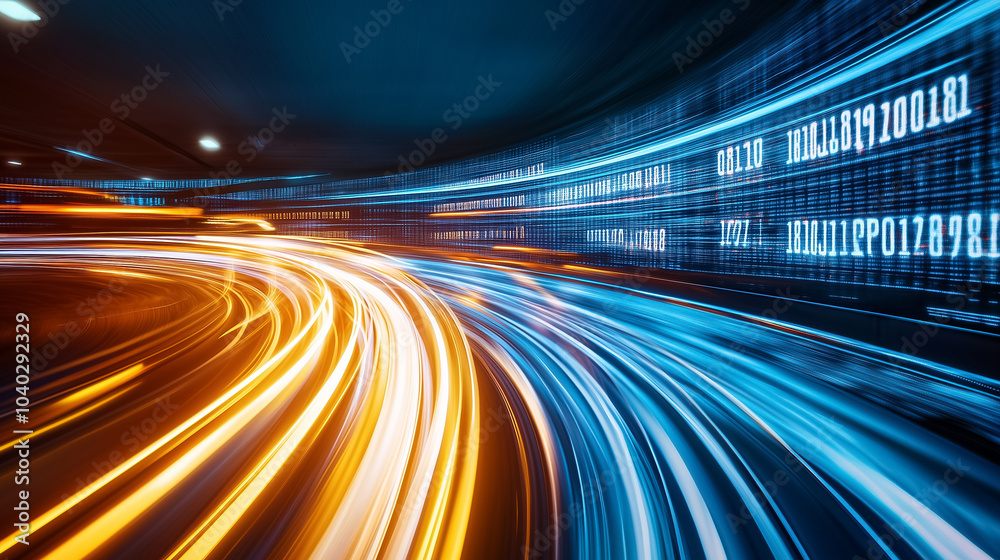 Poster bright light trails signify rapid data transfer amidst a backdrop of digital binary code
