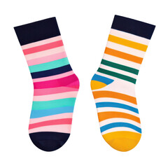 Colorful striped socks on a white isolated background. transparent background.