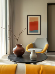 Minimalist interior design of modern living room with yellow and gray armchair and abstract wall art
