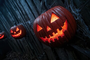 Jack-o'-lanterns glowing brightly in the dark, perfect for Halloween decorations.
