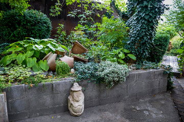 ceramic products, pots, near ornamental plants, autumn, yellow leaves, landscape, decoration,...