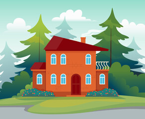 Naklejka premium Home exterior. Real estate. Suburban house. Residential building. Suburban street. House with terrace. Residence facade. Mansion in nature. Summer landscape. Vector neighborhood panorama