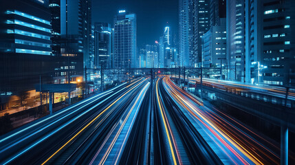 Obraz premium Trains rush through an urban landscape, leaving colorful streaks of light against the night backdrop of skyscrapers