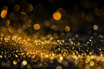 golden glitter vintage lights background gold and black de focused , Close-up macro shot of a Golden Spreading Glitter

