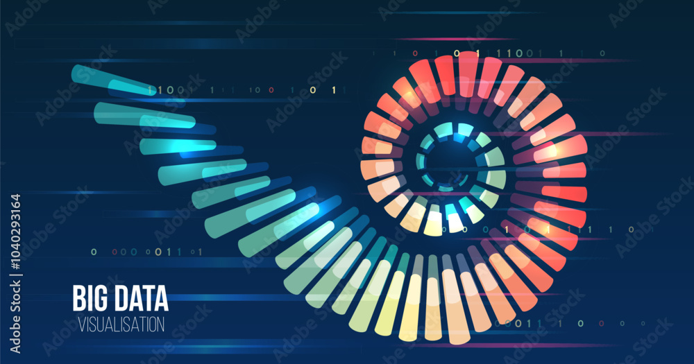Leinwandbilder Artificial intelligence, business analytics. An array of information in the form of a spiral. Large data stream on a dark background, glowing lines and data. Data set analysis and visualization.