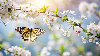 Aerial view of butterfly flying over tree branch with white flowers
