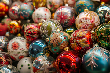 Christmas tree toys, xmas balls, bells, icicles and other new year decorations, winter holidays and celebrations concept,