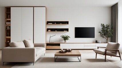 Fototapeta premium Modern living room with neutral tones, featuring a sleek sofa, wooden shelves, a flat-screen TV, and large windows with flowing curtains.