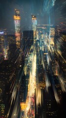 Fototapeta premium Nighttime View of a Cityscape with Brightly Lit Buildings and Blurry Light Streaks
