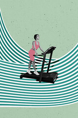 Composite trend artwork sketch image collage of miniature young lady sportive sportswoman effort exercise gym walk step equipment machine