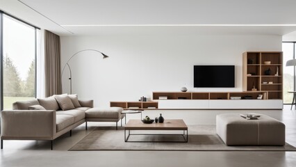 Modern living room with neutral tones, featuring a sleek sofa, wooden shelves, a flat-screen TV, and large windows with flowing curtains.