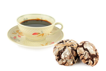 Coffee in vintage porcelain cup and Chocolate chip cookies isolated on white. Collage.
