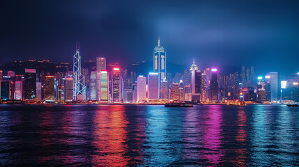 Fototapeta premium The city skyline comes alive at night with skyscrapers glowing and reflections shimmering on the water's surface