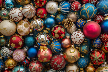 Christmas tree toys, xmas balls, bells, icicles and other new year decorations, winter holidays and celebrations concept,
