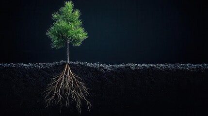 Detailed blueprint of a coniferous tree sapling s early root system, young growth, biological precision
