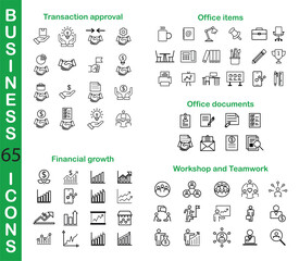 65 Business line icons, office stuff, office documents, transaction approval, financial growth, workshop and teamwork. Vector illustration. Office icons, documents, computer, business symbols.