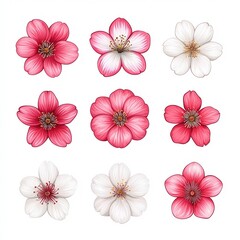 Obraz premium Nine beautiful flowers in various shades of pink and white on a white isolated background.