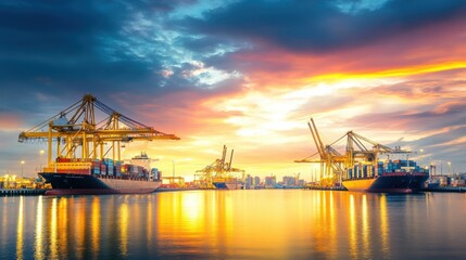 Fototapeta premium A contemporary port illuminated by the rising sun, with cranes lifting containers and ships lined up for loading, reflecting the continuous flow of global commerce