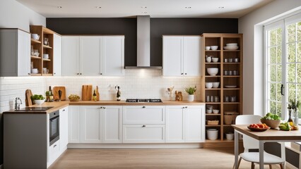 Modern kitchen features white cabinets, wood countertops, and a black sink. Natural light streams in, enhancing the minimalist, cozy ambiance.