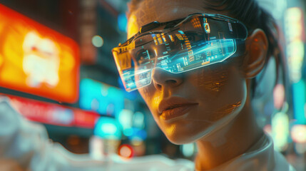 Future Vision: Woman Wearing VR Glasses in Cybernetic Space with Colorful Lights. Tech Innovations and Futuristic Designs. Generative ai