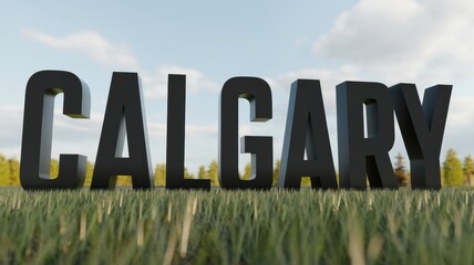 3D Text of 'Calgary' Displayed on Green Grass Under a Blue Sky - Ideal for Travel and City Promotion