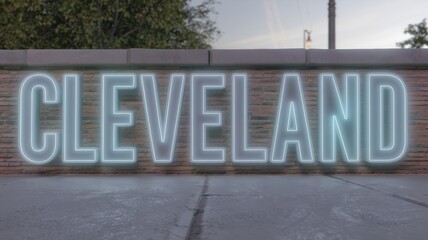 Urban Wall Art: Illuminated Word 'Cleveland' in Neon Style Against a Textured Background, Ideal for City-themed Projects