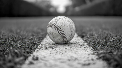 A black-and-white close-up of a worn baseball lying on the infield chalk line. The background is softly blurred, highlighting the textured surface of the ball