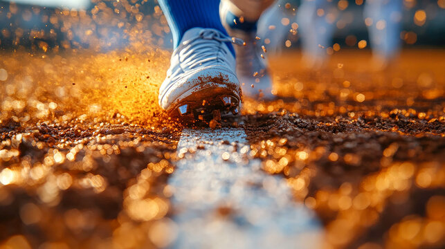 A dynamic close-up of a baseball player's cleats kicking up dirt as they run on the field, creating a burst of dust and energy. Perfect for sports action and baseball-related themes