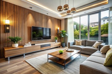 Stylish Modern Living Room with TV Stand and Sofa Against Wooden Wall in Bright Apartment Interior Design