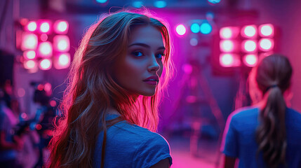 A female videographer in headphones looking into a professional video camera against neon lights in a dark setting