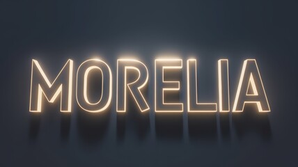 3D Neon Glow: 'MORELIA' Sign Illuminated in Soft Gold on Dark Background - Ideal for Branding and Artistic Projects