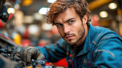 A cheerful industrial worker wearing a hard hat and gloves, smiling while working in a factory. Suitable for themes of labor, safety, and blue-collar jobs