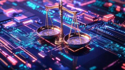 Digital scales of justice set against a backdrop of a data center, symbolizing the intersection of law and technology, reflecting modern jurisprudence and the duality of justice.