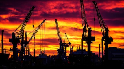 Obraz premium A contemporary port scene at dawn, cranes and ships silhouetted against a fiery sunrise sky, representing the vibrant pulse of global commerce